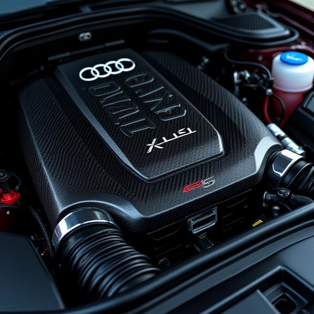 Engine bay of an Audi RS5 with carbon fiber components.