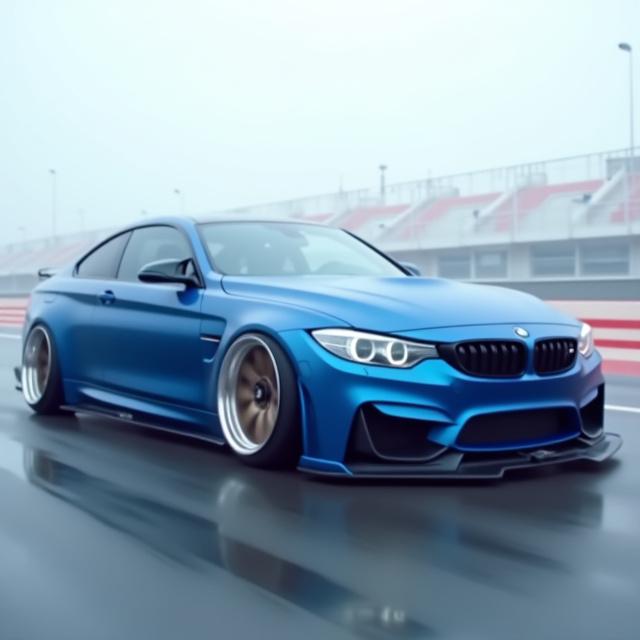 Side profile of a modified blue BMW M4 with custom wheels.