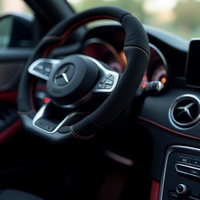Custom stitched alcantara steering wheel in a Mercedes-AMG.