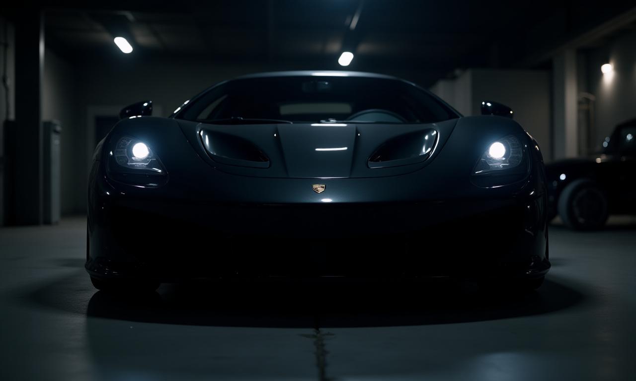 A sleek, black sports car in a dimly lit garage, highlighting its aggressive lines.