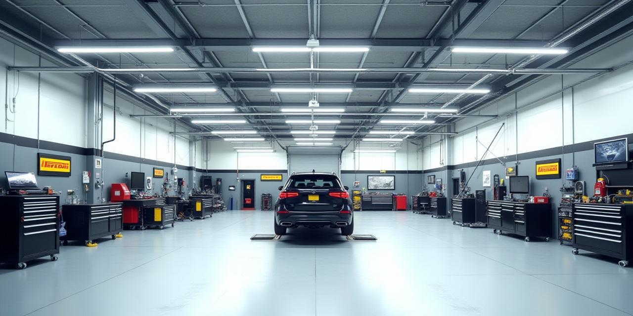 A wide shot of the clean and organized Panther Performance workshop with a car on a lift.