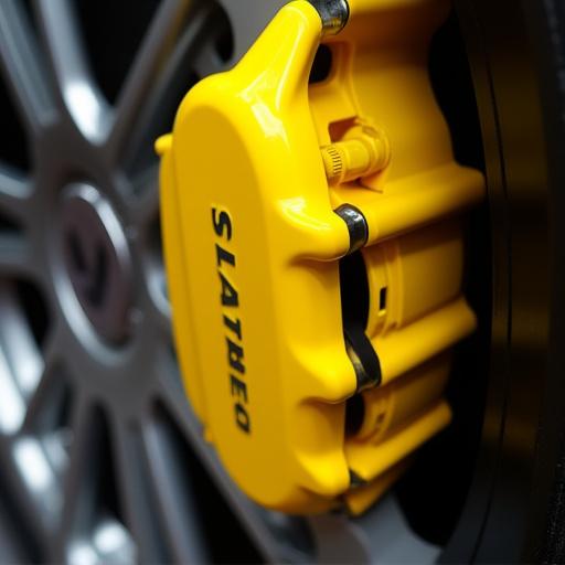 A large, yellow brake caliper behind a custom alloy wheel.