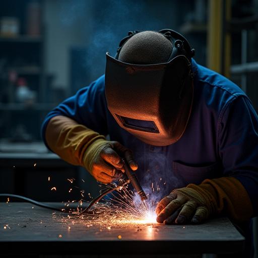 Welder working on a custom metal part in a workshop.