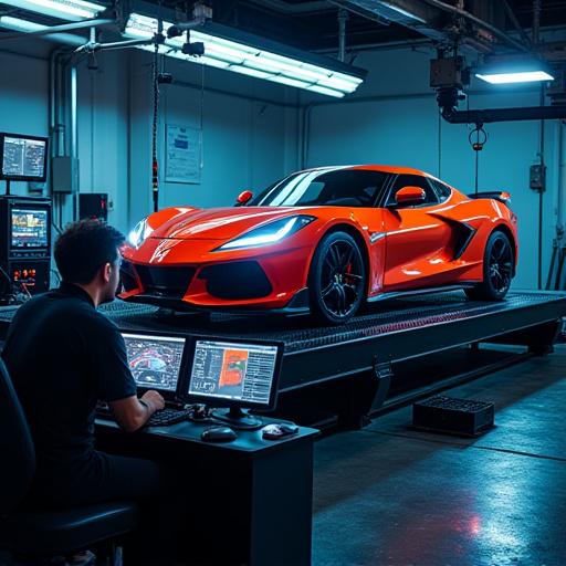 Technician monitoring a car during a dynamometer test.