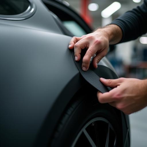 A car being expertly fitted with a matte black vinyl wrap.
